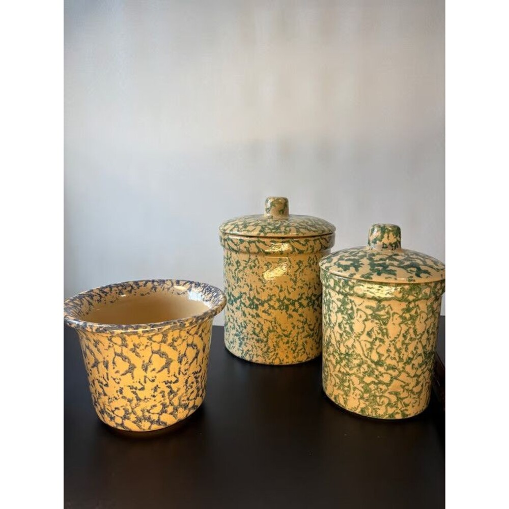 Roseville Green Spongeware Canister Set 3 Piece Lidded Canisters Crock Stoneware